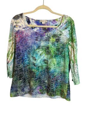 Coldwater Creek Blouse Women's Large 3/4 sleeves floral lightweight pastel